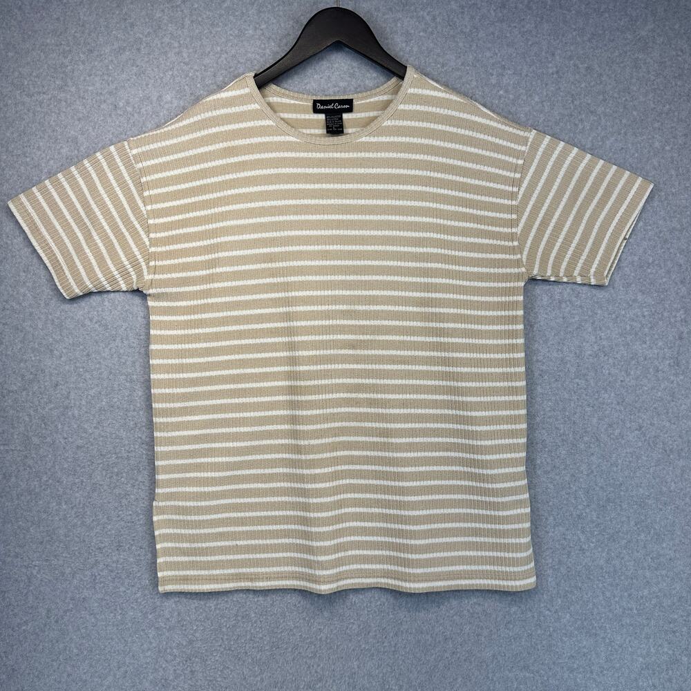 Daniel Caron Shirt Womens Large Beige White Striped Print Short Sleeve Pullover
